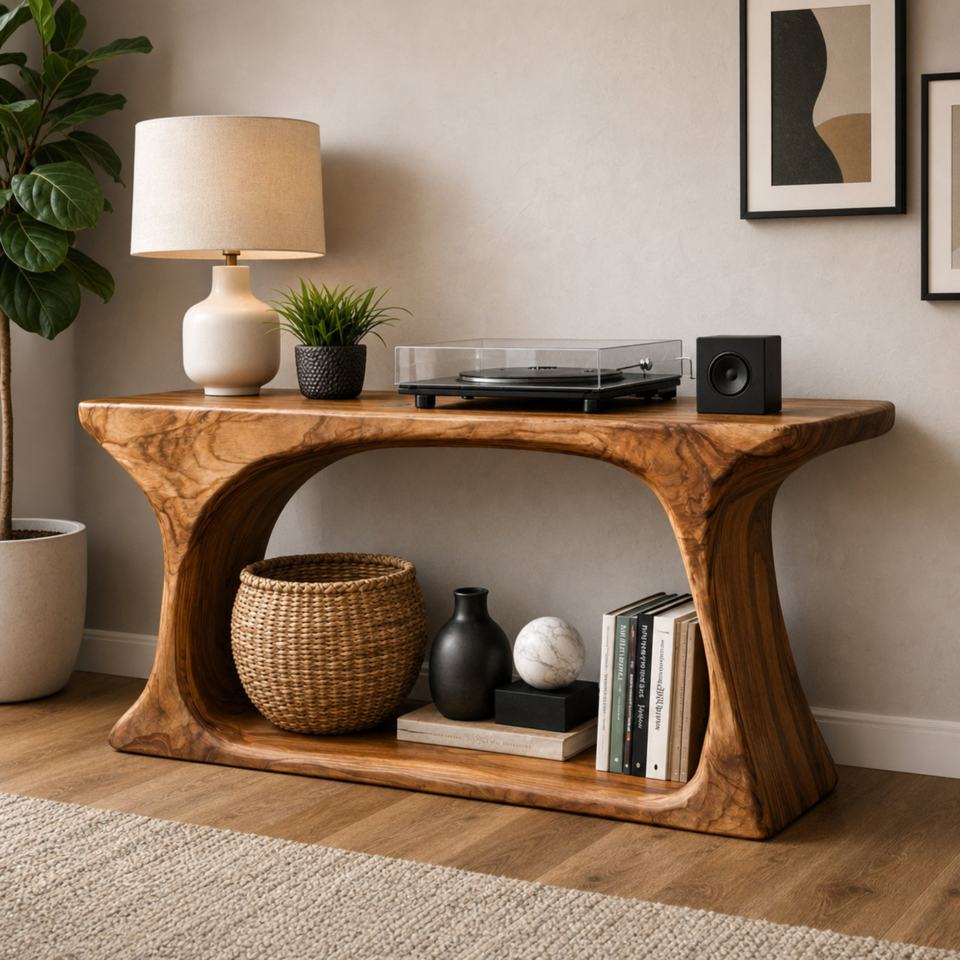 Sculptural Rustic Console Table Solid Wood Statement Furniture For Entryway
