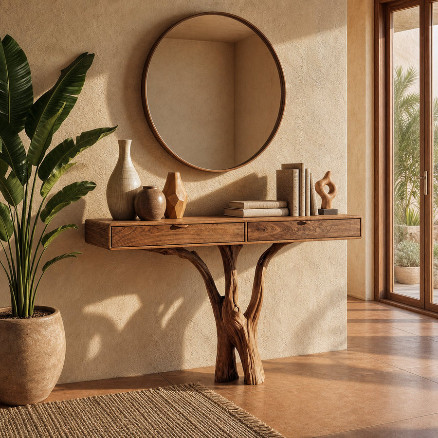 Sculptural Tree Console Table Solid Wood Branch Pedestal Design Living Room And Entryway