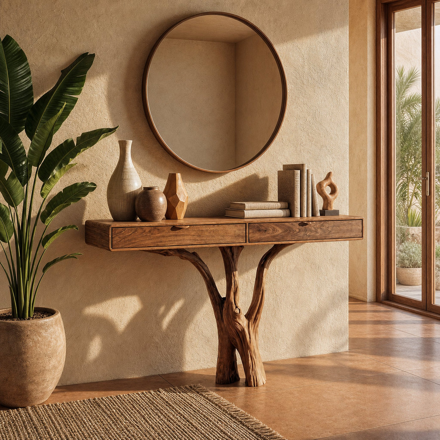 Sculptural Tree Console Table Solid Wood Branch Pedestal Design Living Room And Entryway