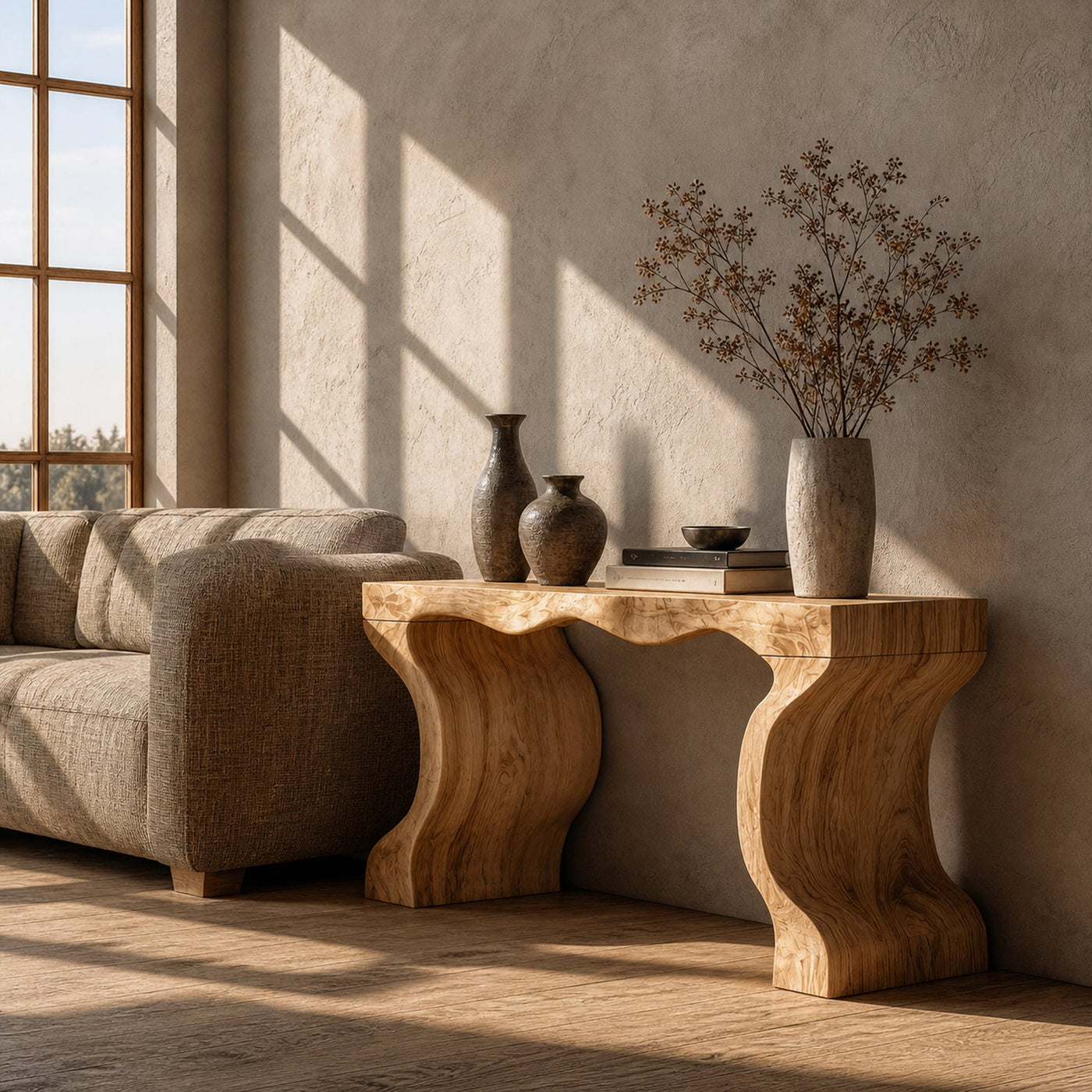 Sculptural Twin Base Console Table Solid Wood Organic Pedestal Form For Living Room