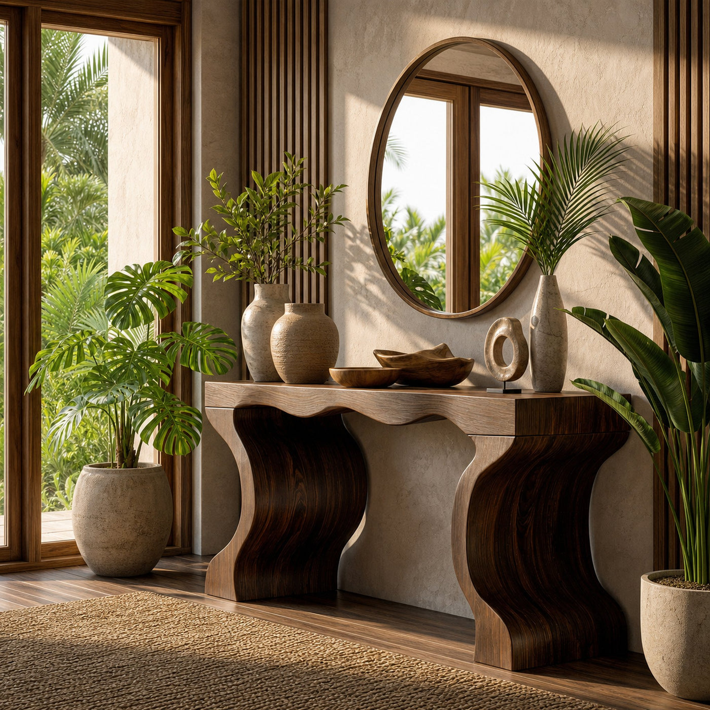 Sculptural Twin Base Console Table Solid Wood Organic Pedestal Form For Living Room - product view 7