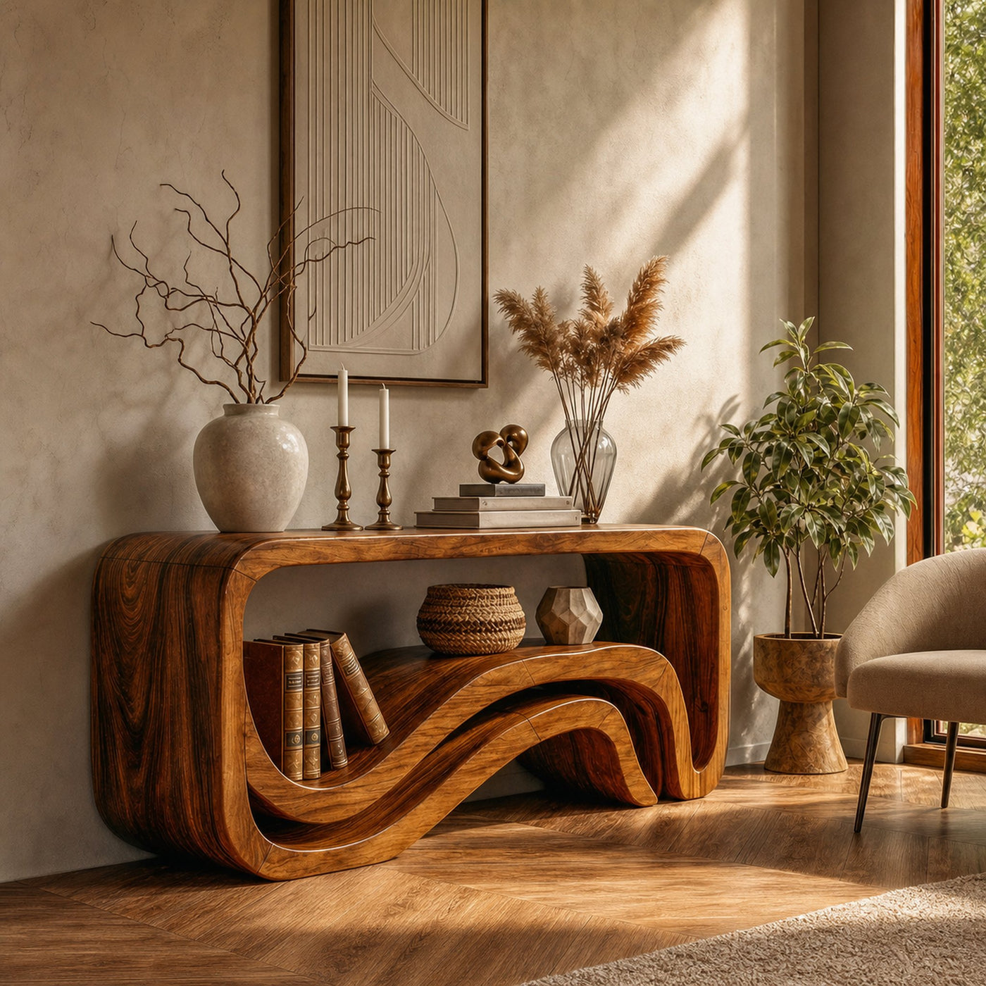 Sculptural Wave Console Table Solid Wood Artistic Flow Form Design Entryway Or Hallway