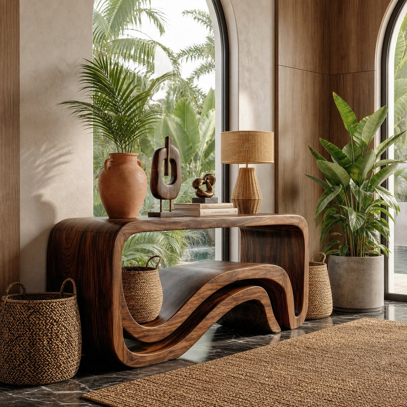 Sculptural Wave Console Table Solid Wood Artistic Flow Form Design Entryway Or Hallway - product view 7