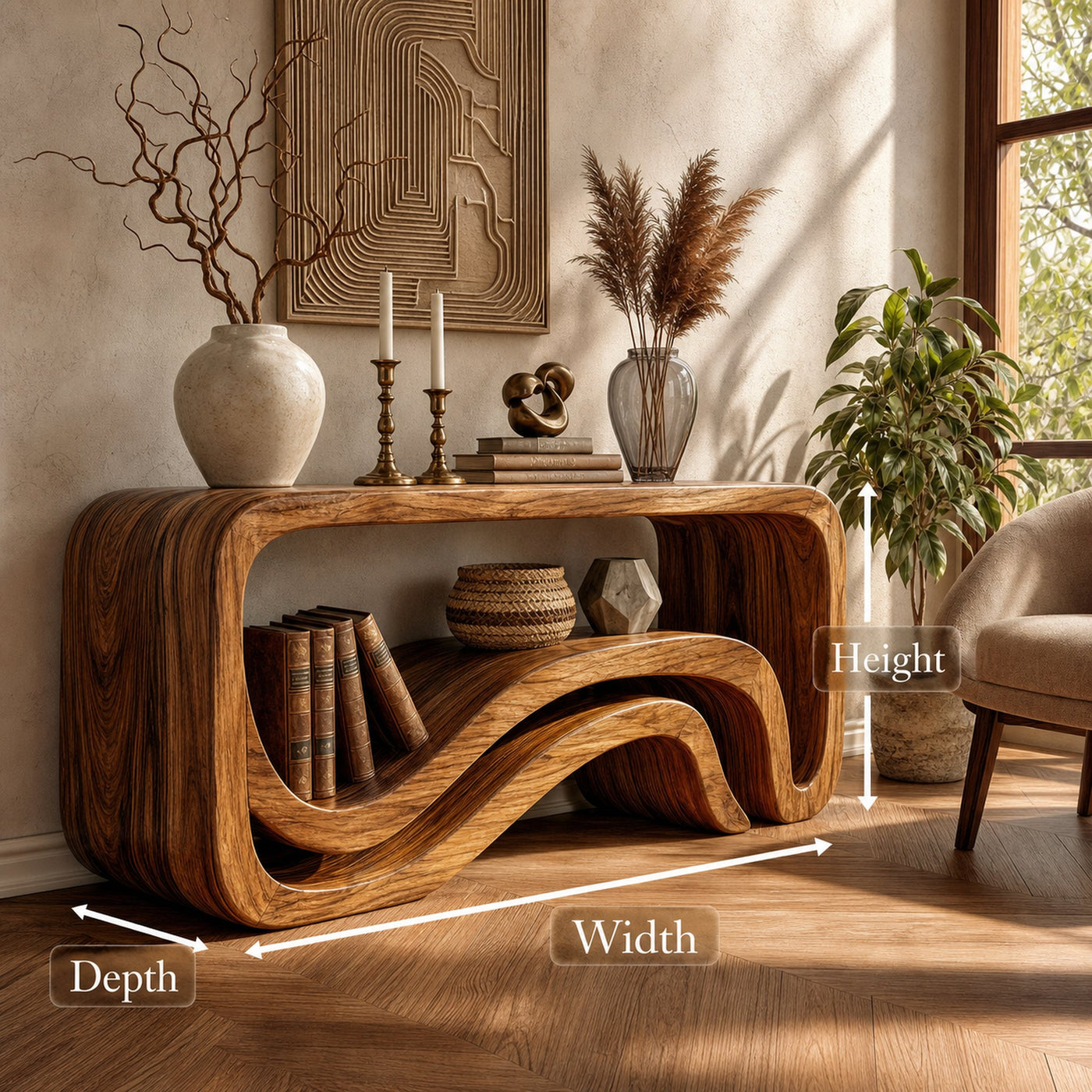 Sculptural Wave Console Table Solid Wood Artistic Flow Form Design Entryway Or Hallway - product view 8