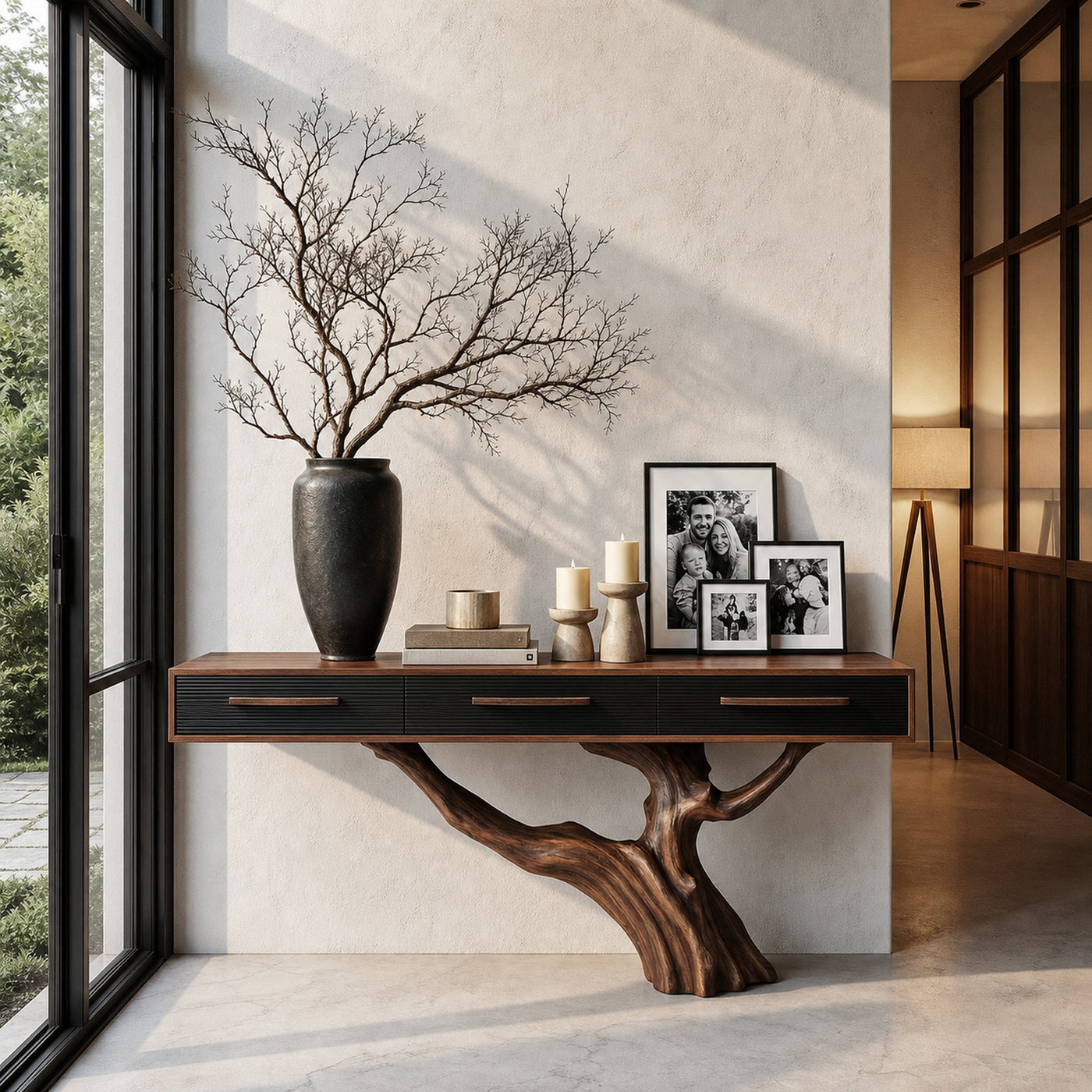 Statement Console Table With Nature Inspired Tree Base For Living Room