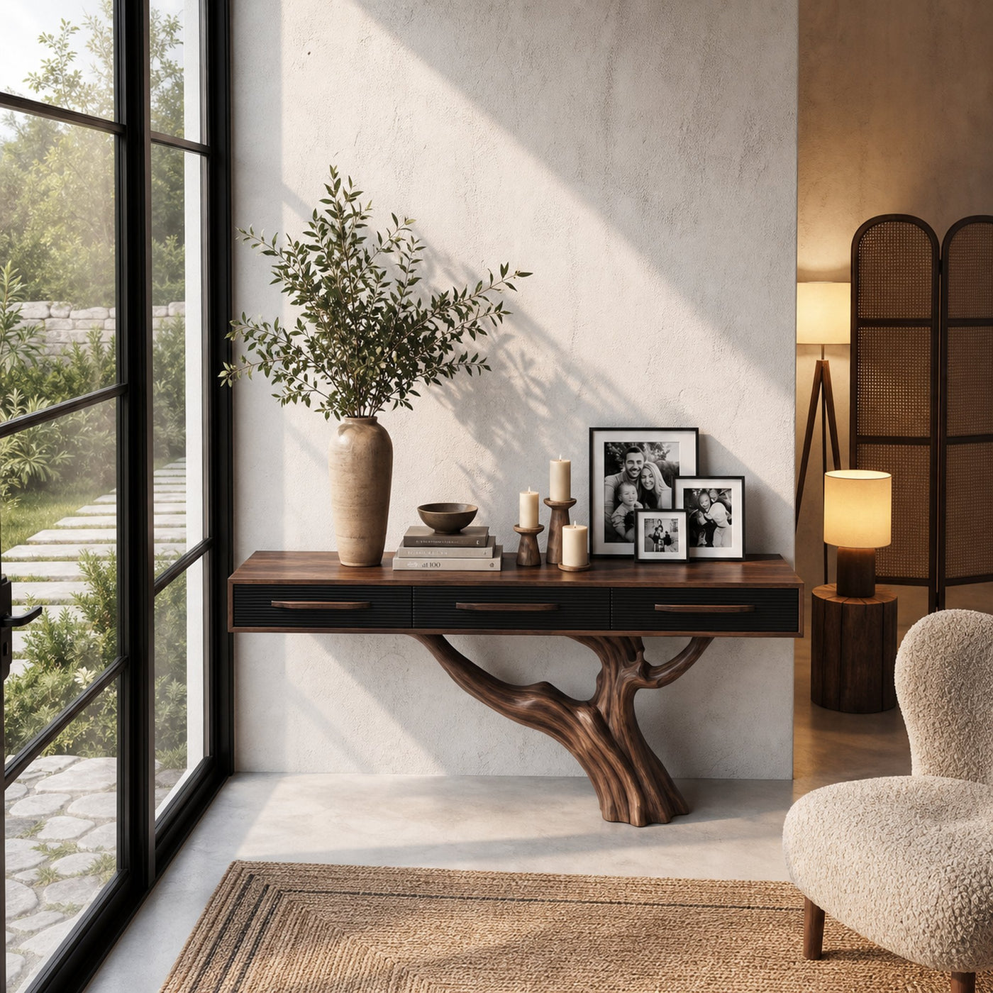 Statement Console Table With Nature Inspired Tree Base For Living Room - product view 3
