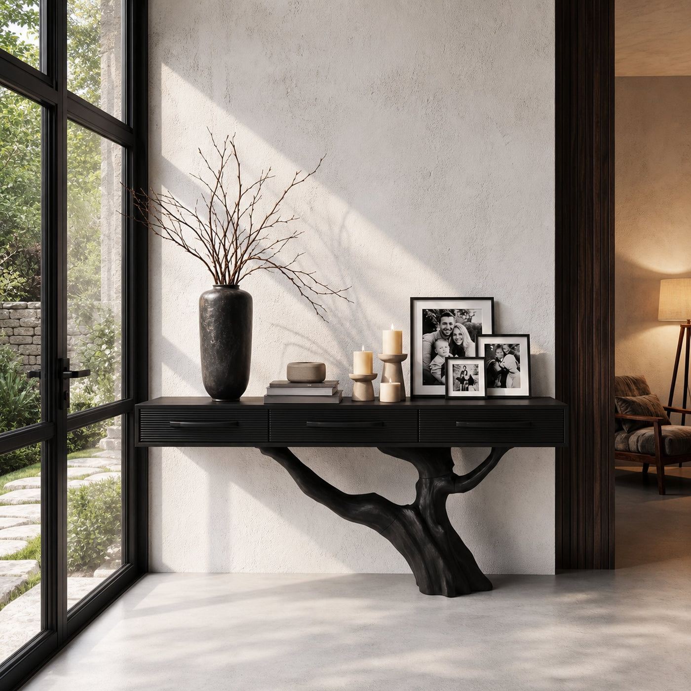 Statement Console Table With Nature Inspired Tree Base For Living Room - product view 4