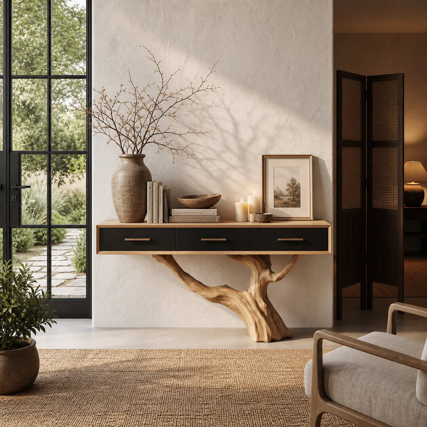 Statement Console Table With Nature Inspired Tree Base For Living Room - product view 5