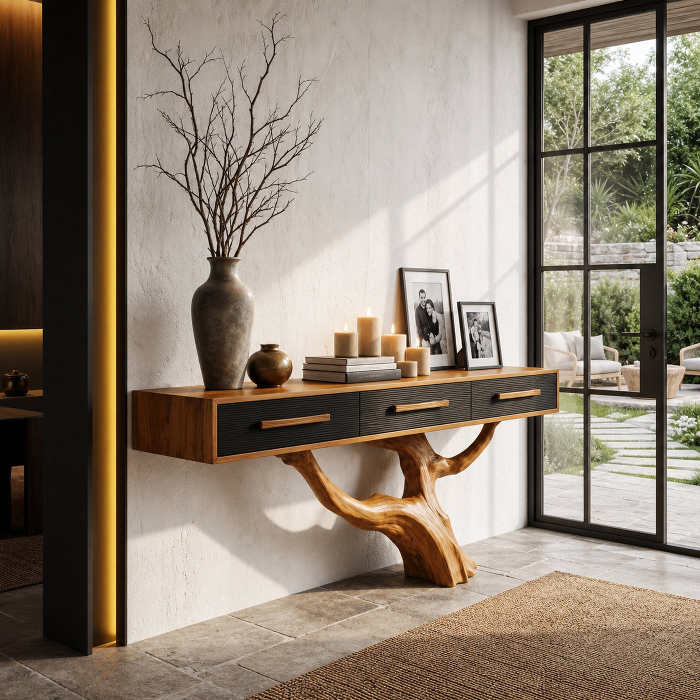 Statement Console Table With Nature Inspired Tree Base For Living Room - product view 6