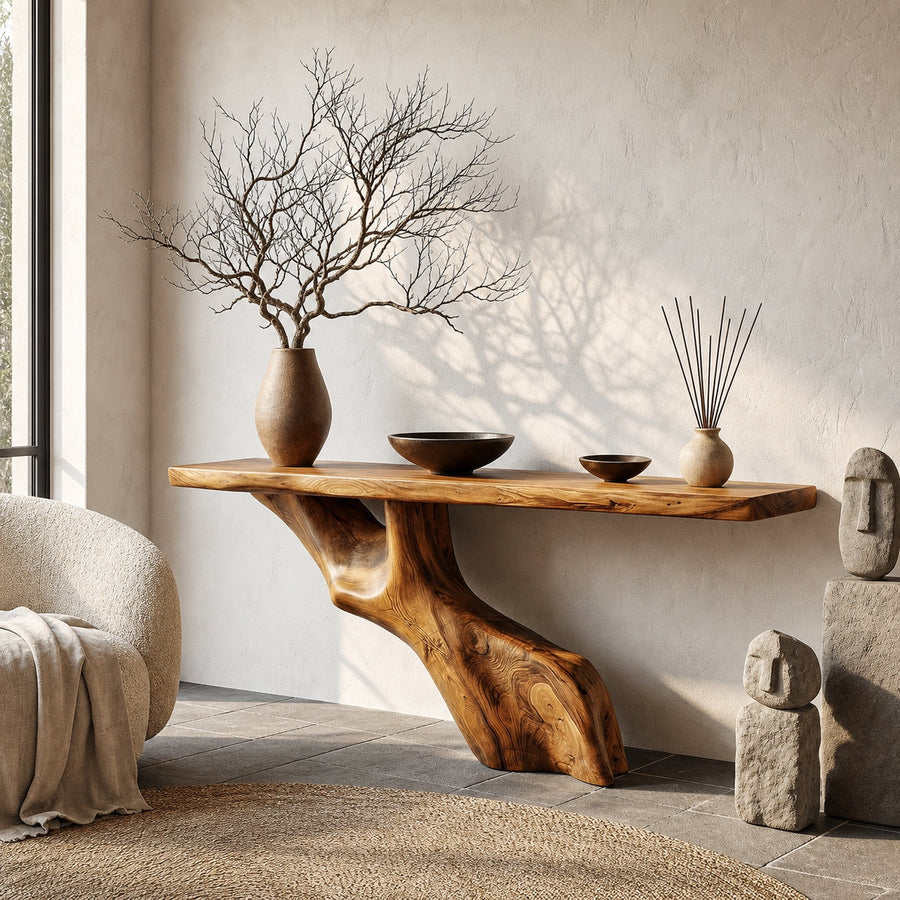 Tree Inspired Console Table With Live Edge Top And Root Base For Hallway