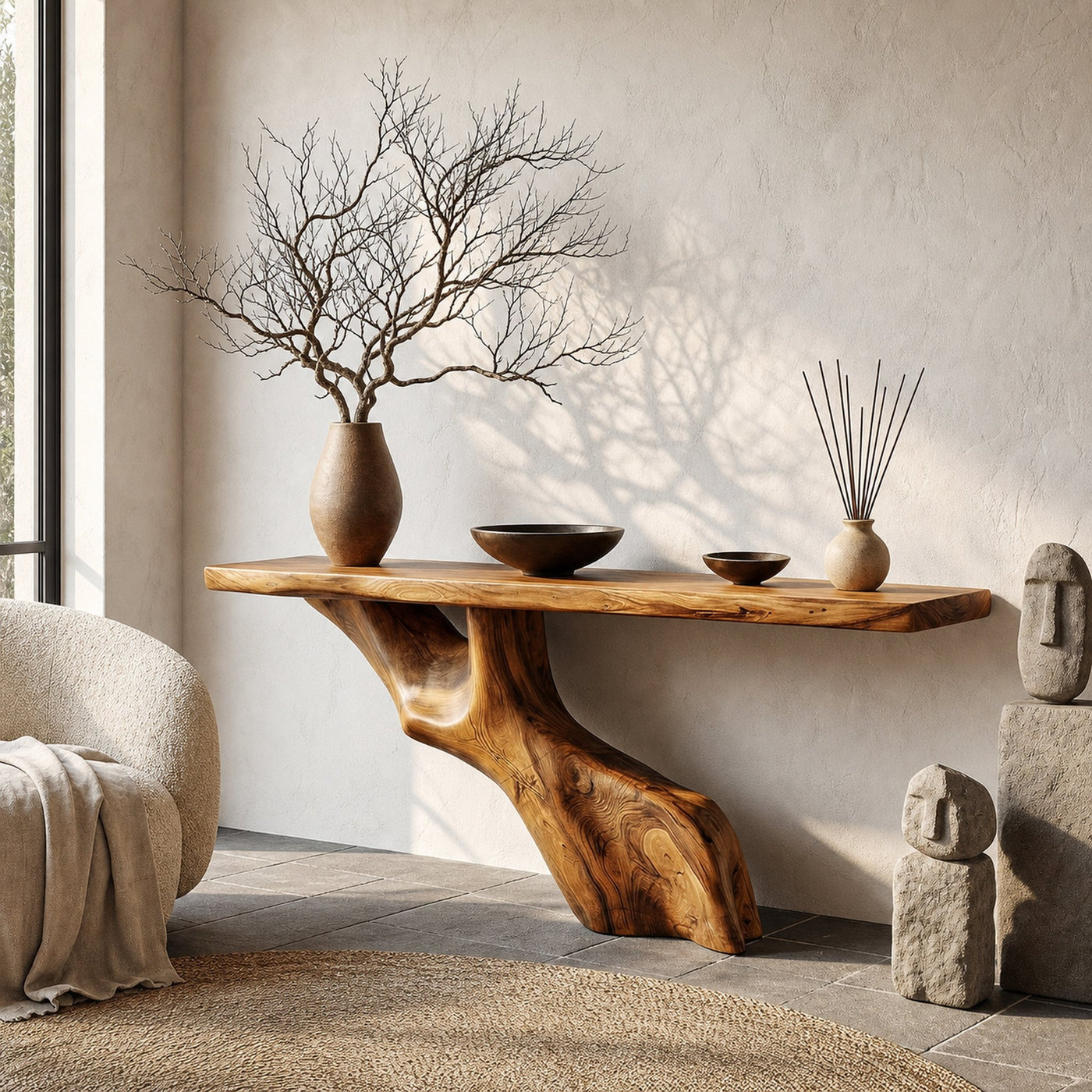 Tree Inspired Console Table With Live Edge Top And Root Base For Hallway
