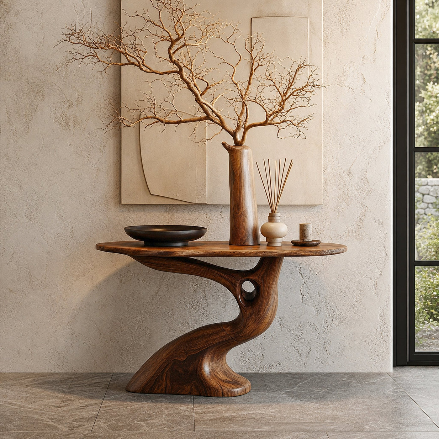 Tree Inspired Console Table With Sculptural Wood Structure For Hallway