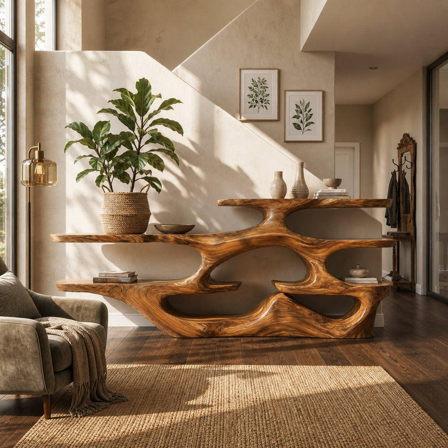 Wooden Console Table With Multi Level Shelves For Living Room