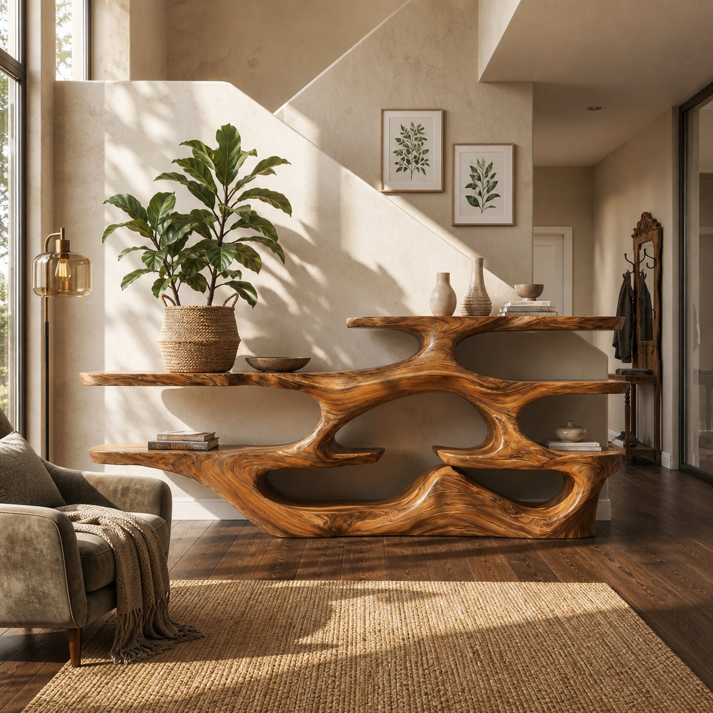 Wooden Console Table With Multi Level Shelves For Living Room
