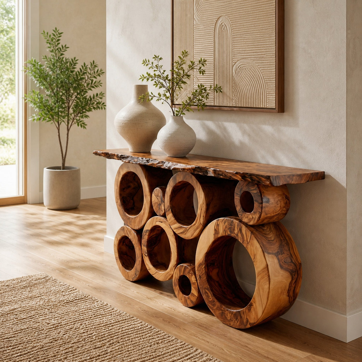 Wooden Console Table With Multiple Round Blocks Base For Hallway