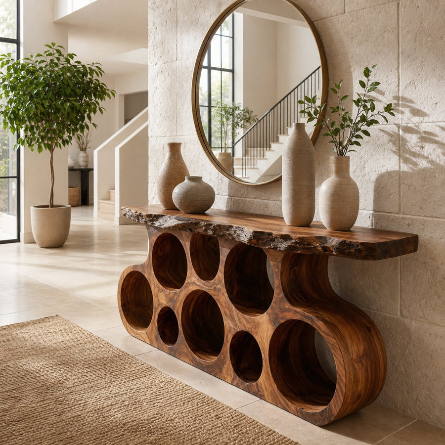 Wooden Console Table With Round Cutout Base For Living Decor
