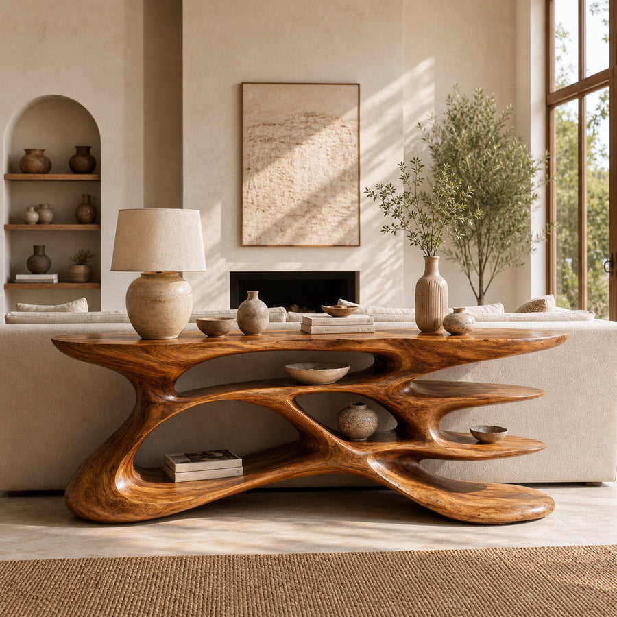 Wooden Console Table With Sculptural Form For Living Statement