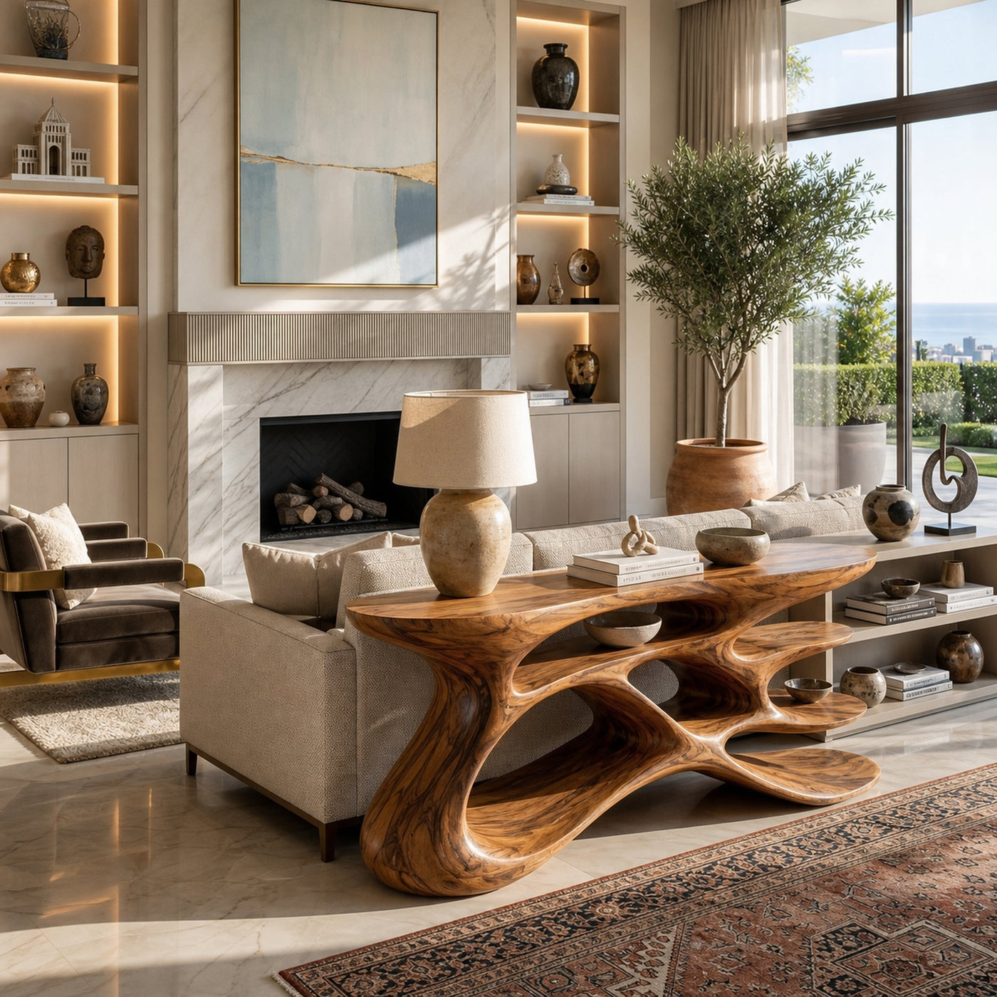 Wooden Console Table With Sculptural Form For Living Statement - product view 6