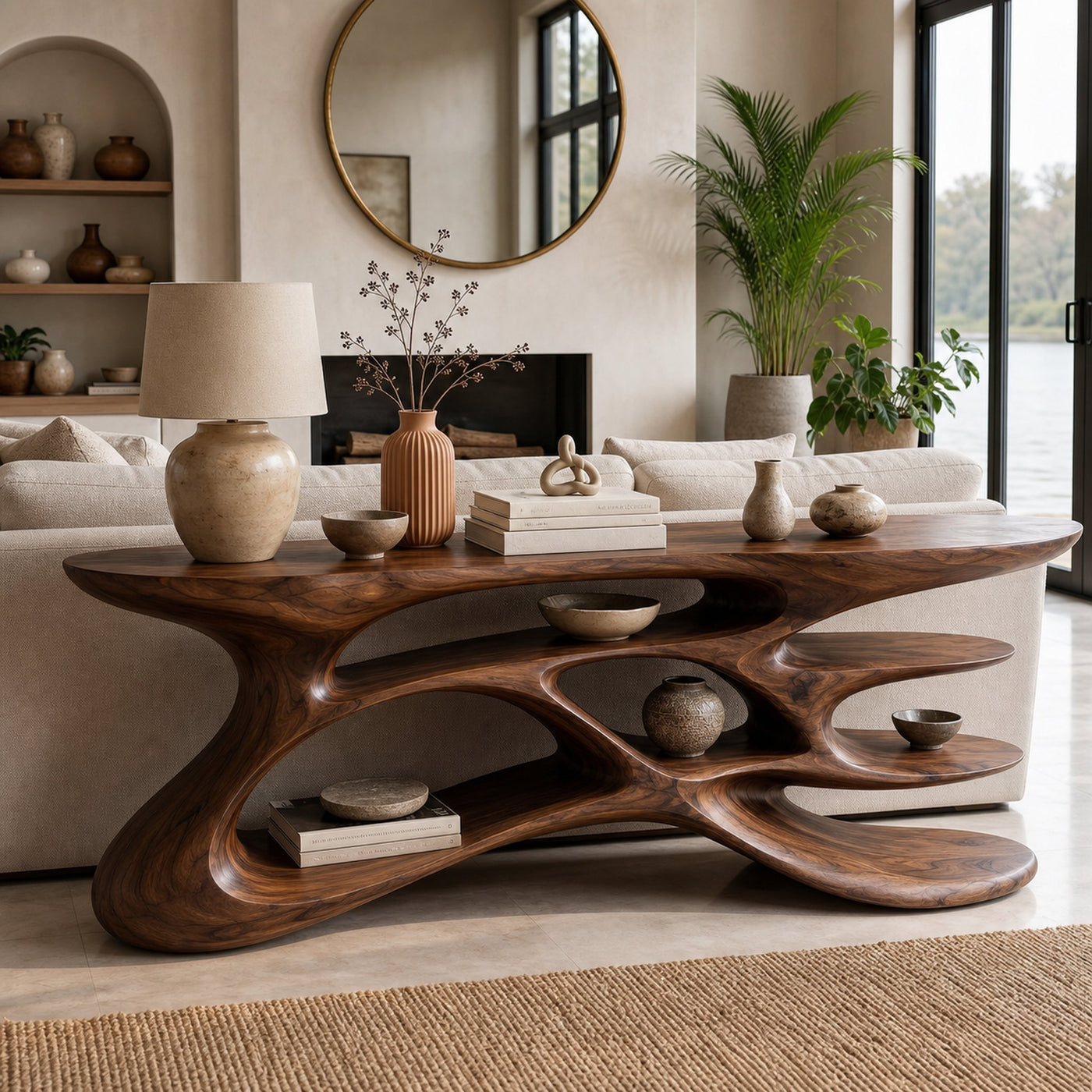 Wooden Console Table With Sculptural Form For Living Statement - product view 7