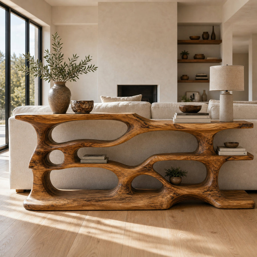 Wooden Console Table With Sculptural Open Shelves For Living