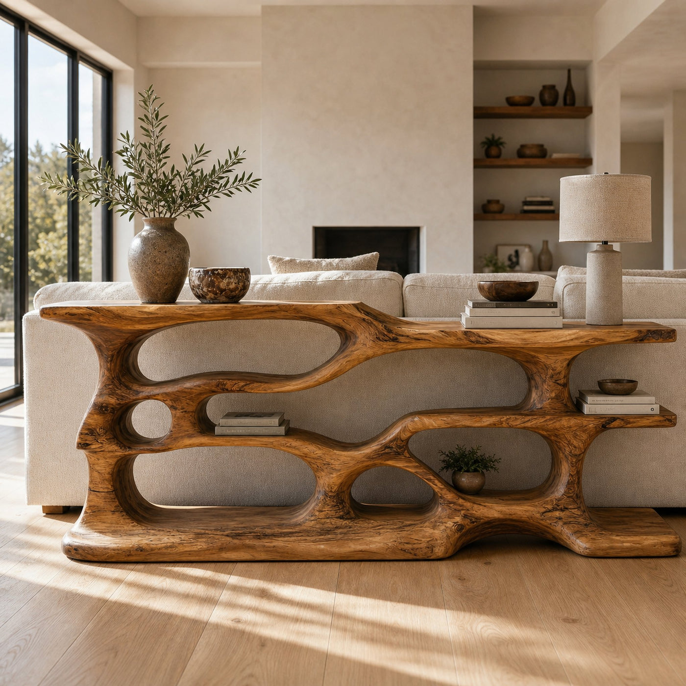 Wooden Console Table With Sculptural Open Shelves For Living