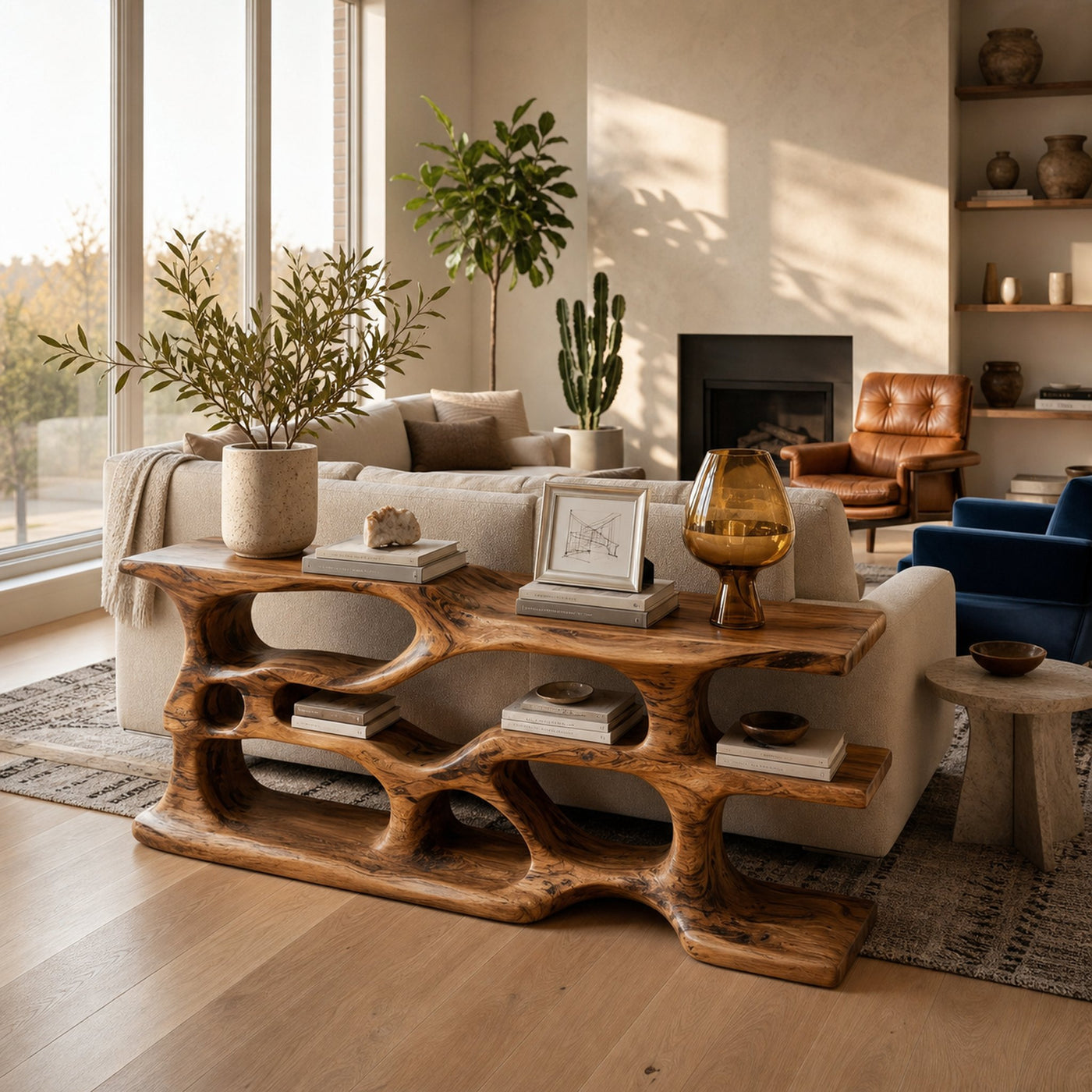 Wooden Console Table With Sculptural Open Shelves For Living - product view 6