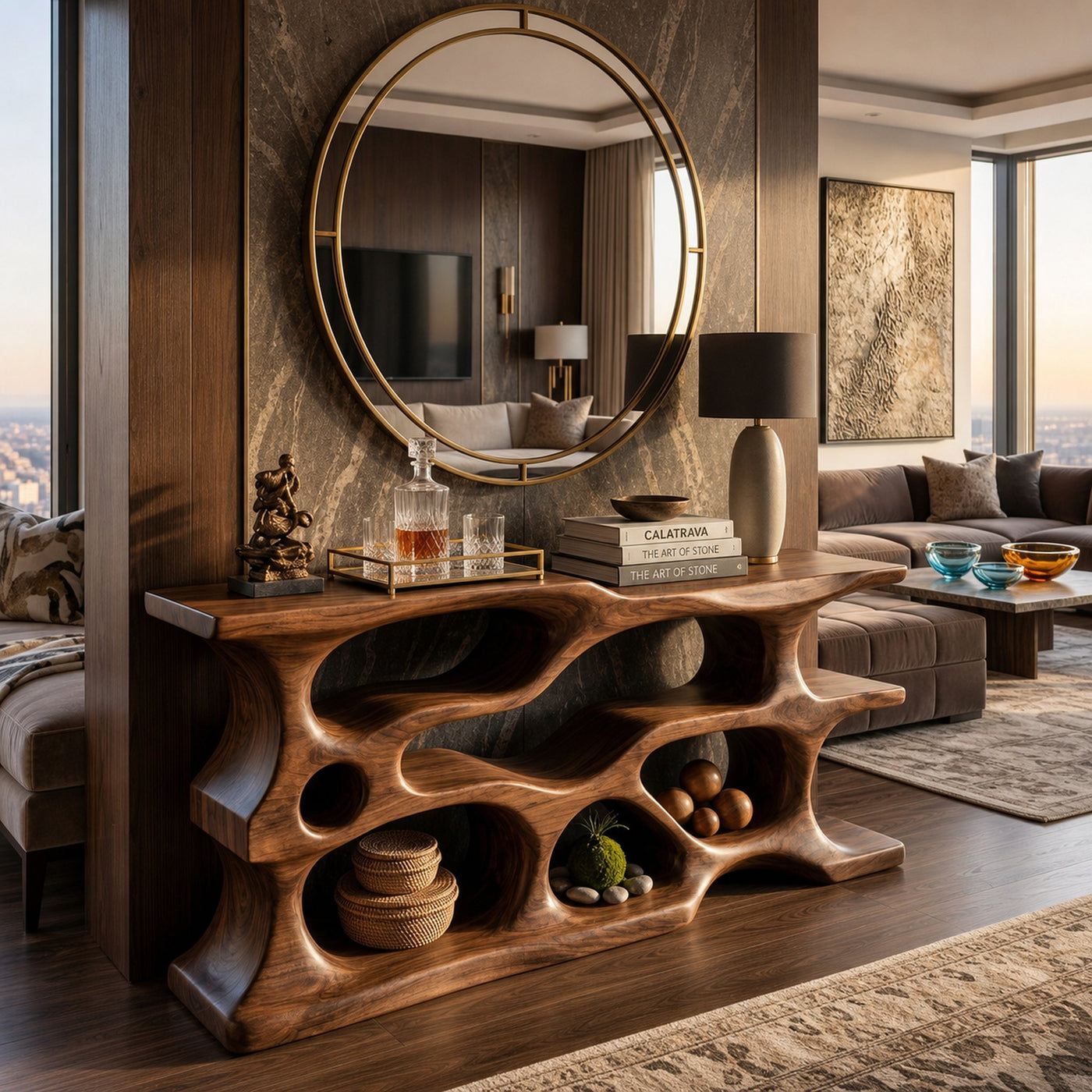 Wooden Console Table With Sculptural Open Shelves For Living - product view 7