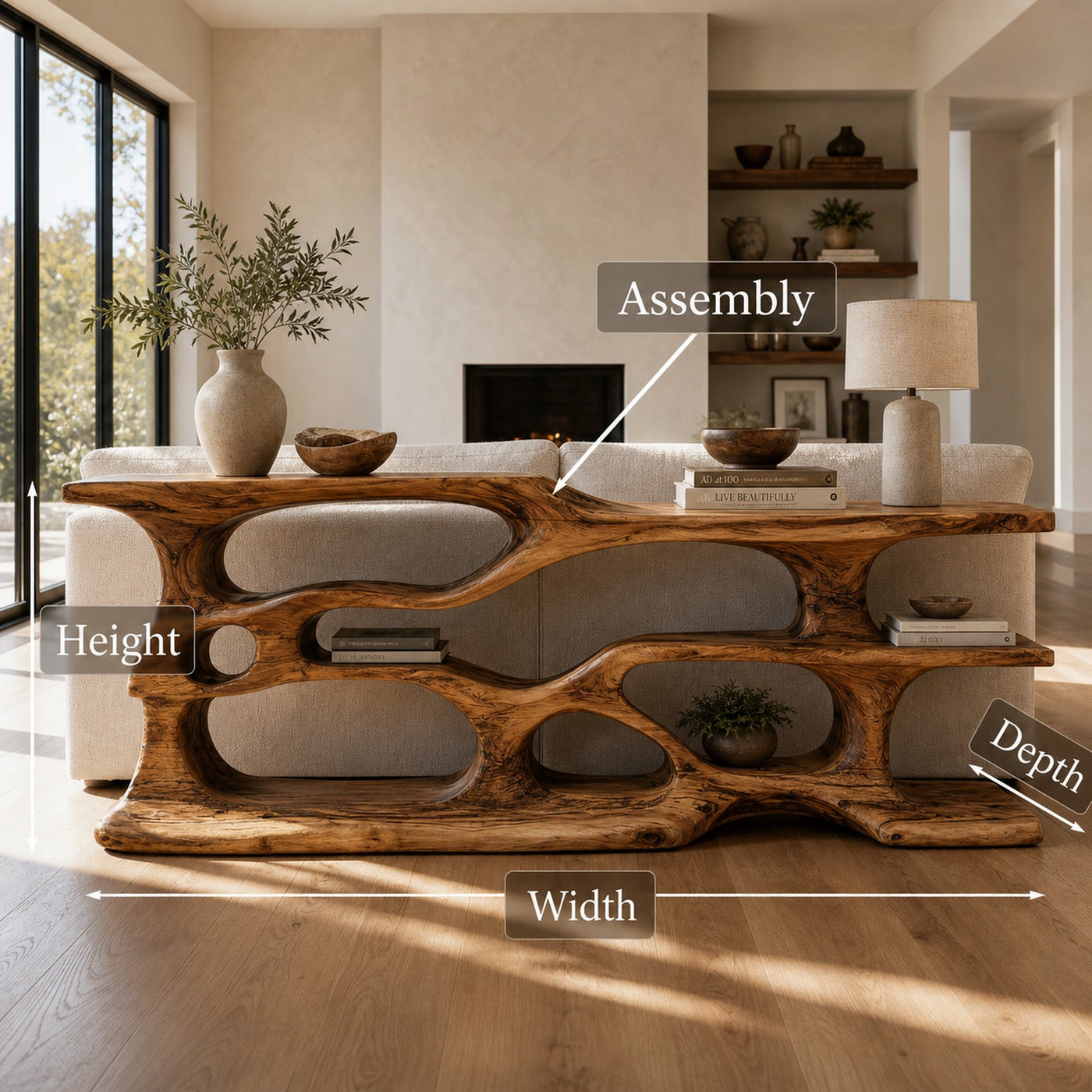 Wooden Console Table With Sculptural Open Shelves For Living - product view 8