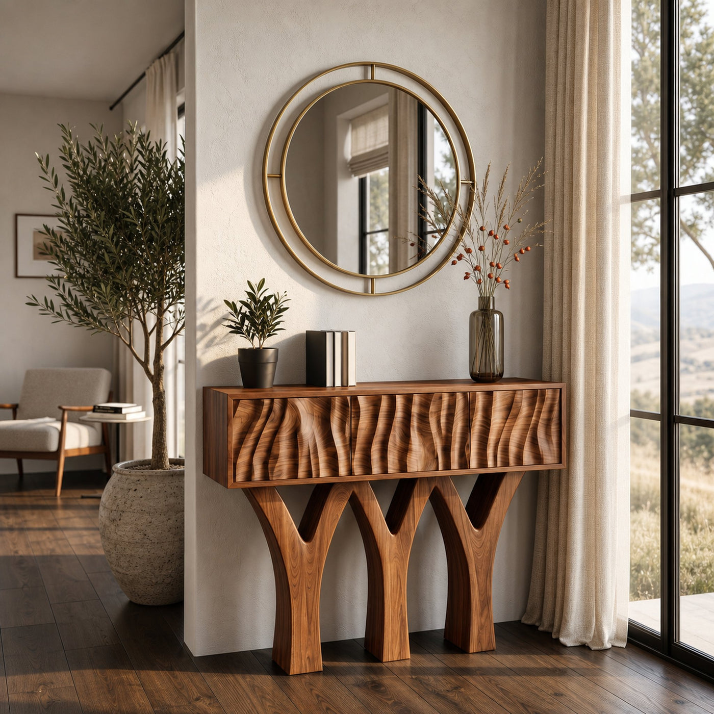 Wooden Console Table With Three Y-shaped Base For Home Decor - product view 6