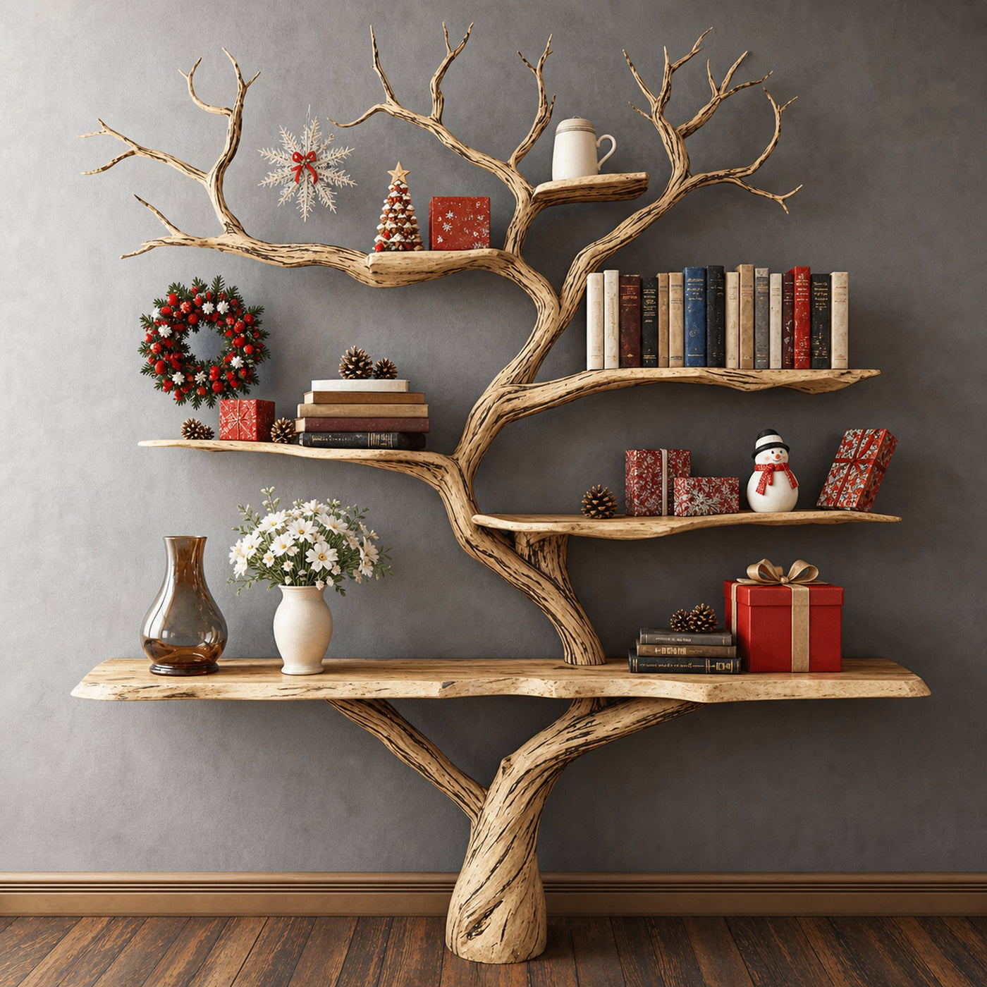 Wooden Rustic Console Table With Tree Bookshelf