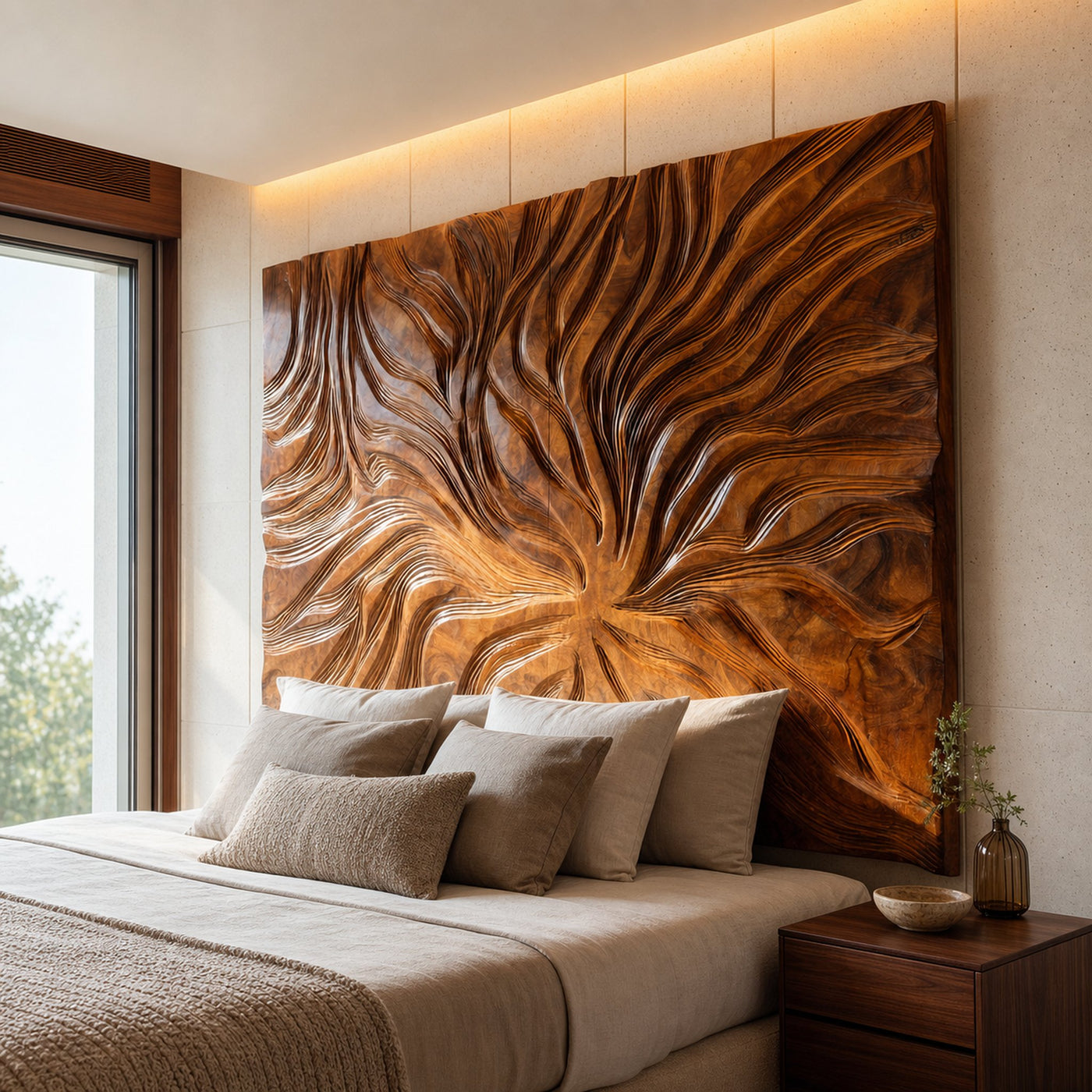 Abstract Flowing Grain Wood Headboard For Modern Minimalist Bedroom