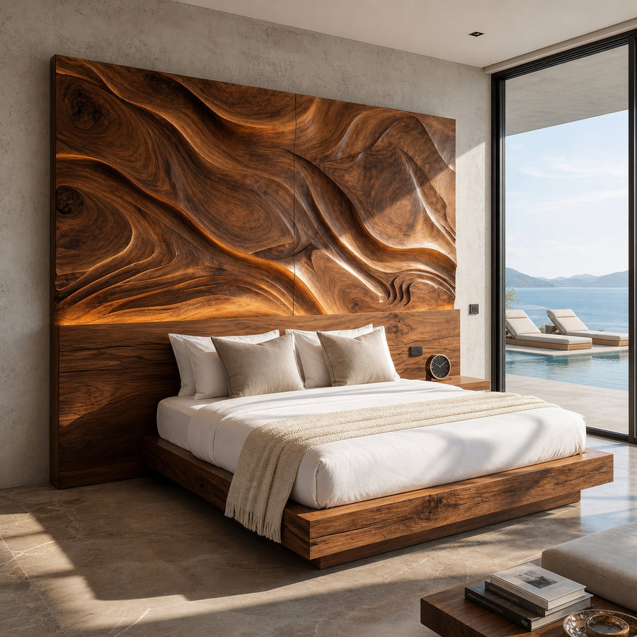 Abstract Flowing Wood Headboard For Luxury Coastal Villa Bedroom