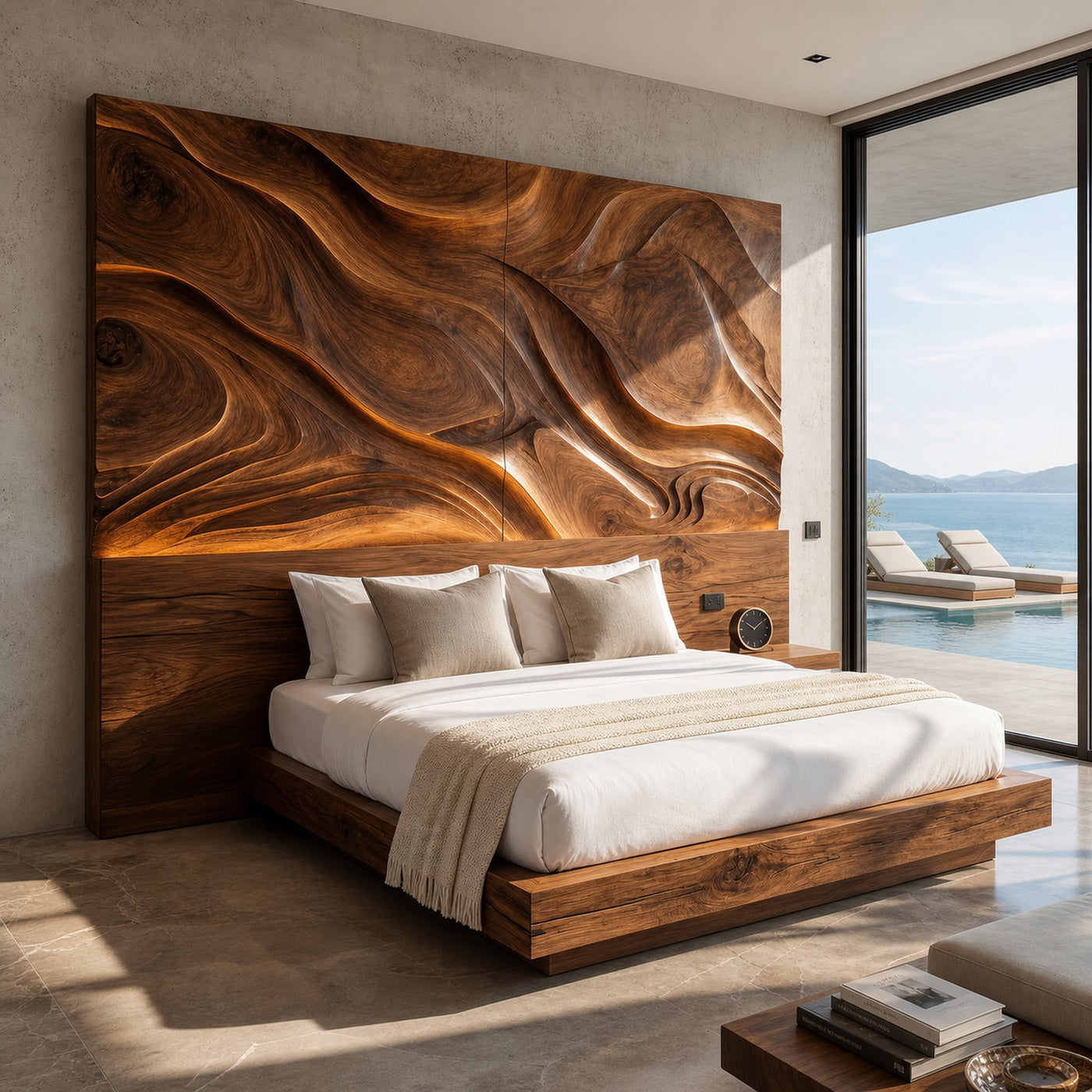 Abstract Flowing Wood Headboard For Luxury Coastal Villa Bedroom