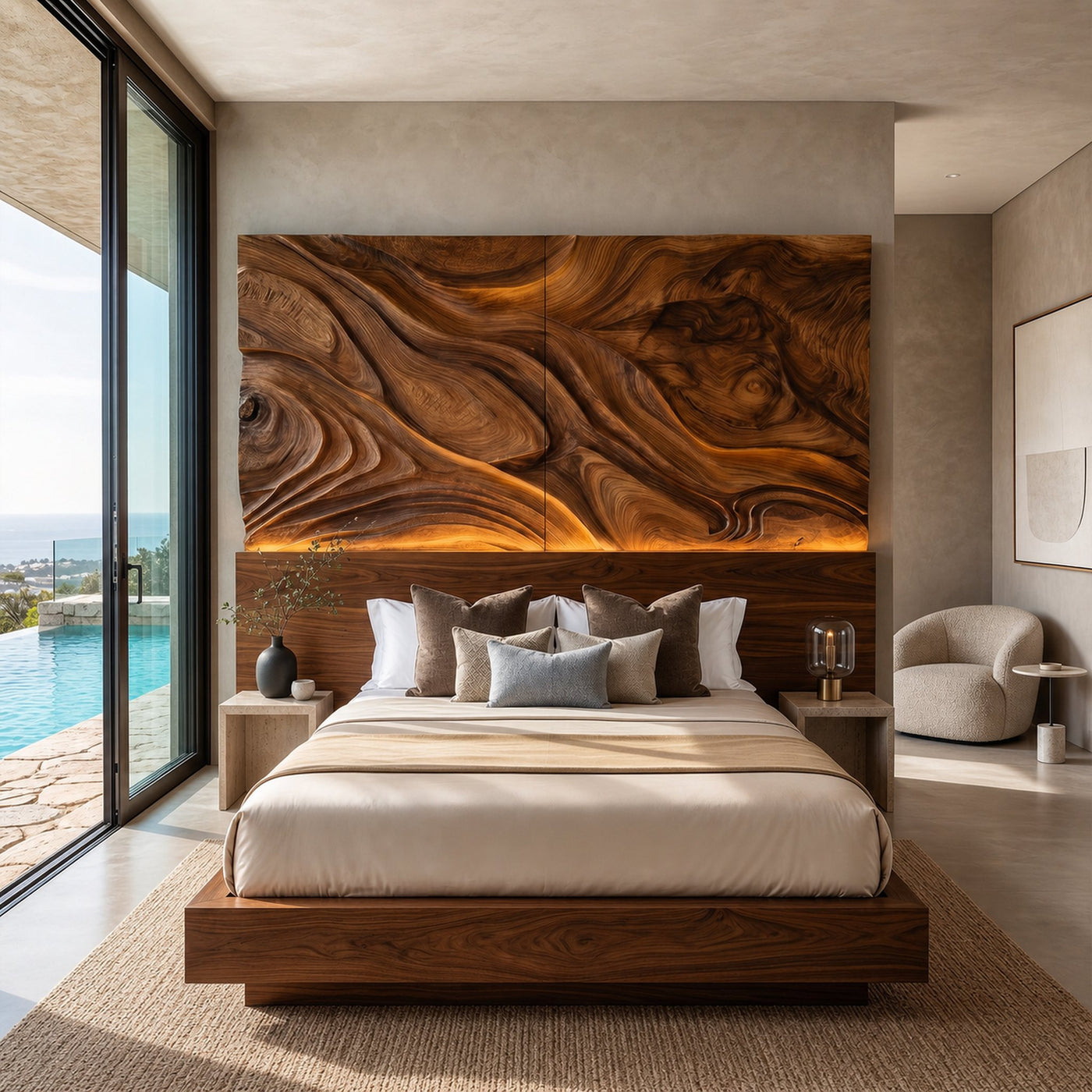 Abstract Flowing Wood Headboard For Luxury Coastal Villa Bedroom - product view 6