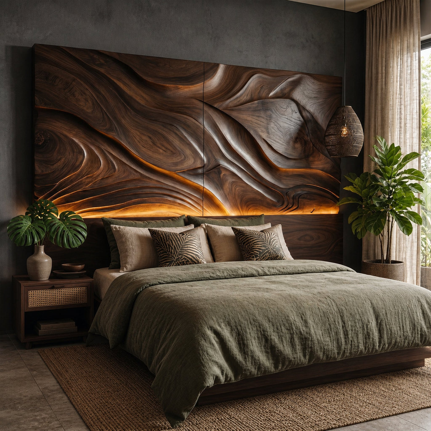 Abstract Flowing Wood Headboard For Luxury Coastal Villa Bedroom - product view 7