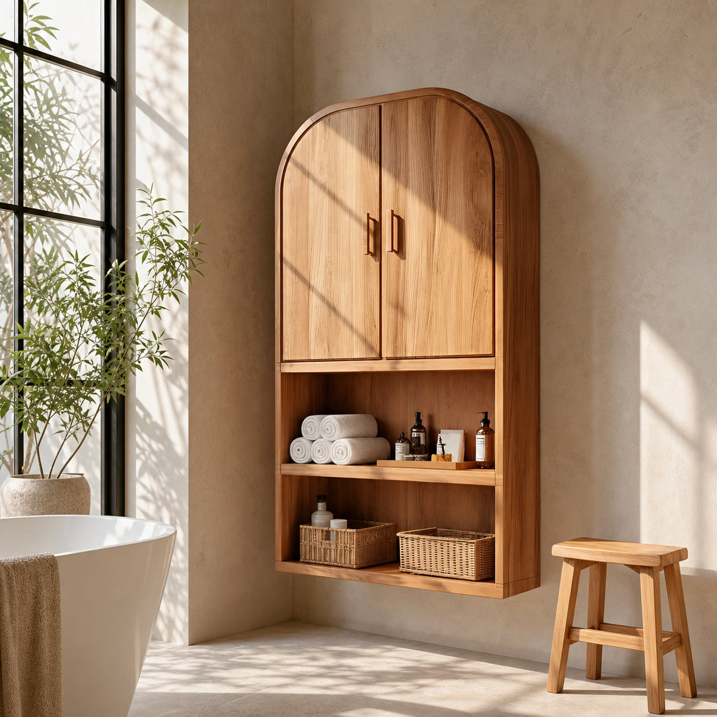 Arched Wall Cabinet With Open Shelves For Bathroom