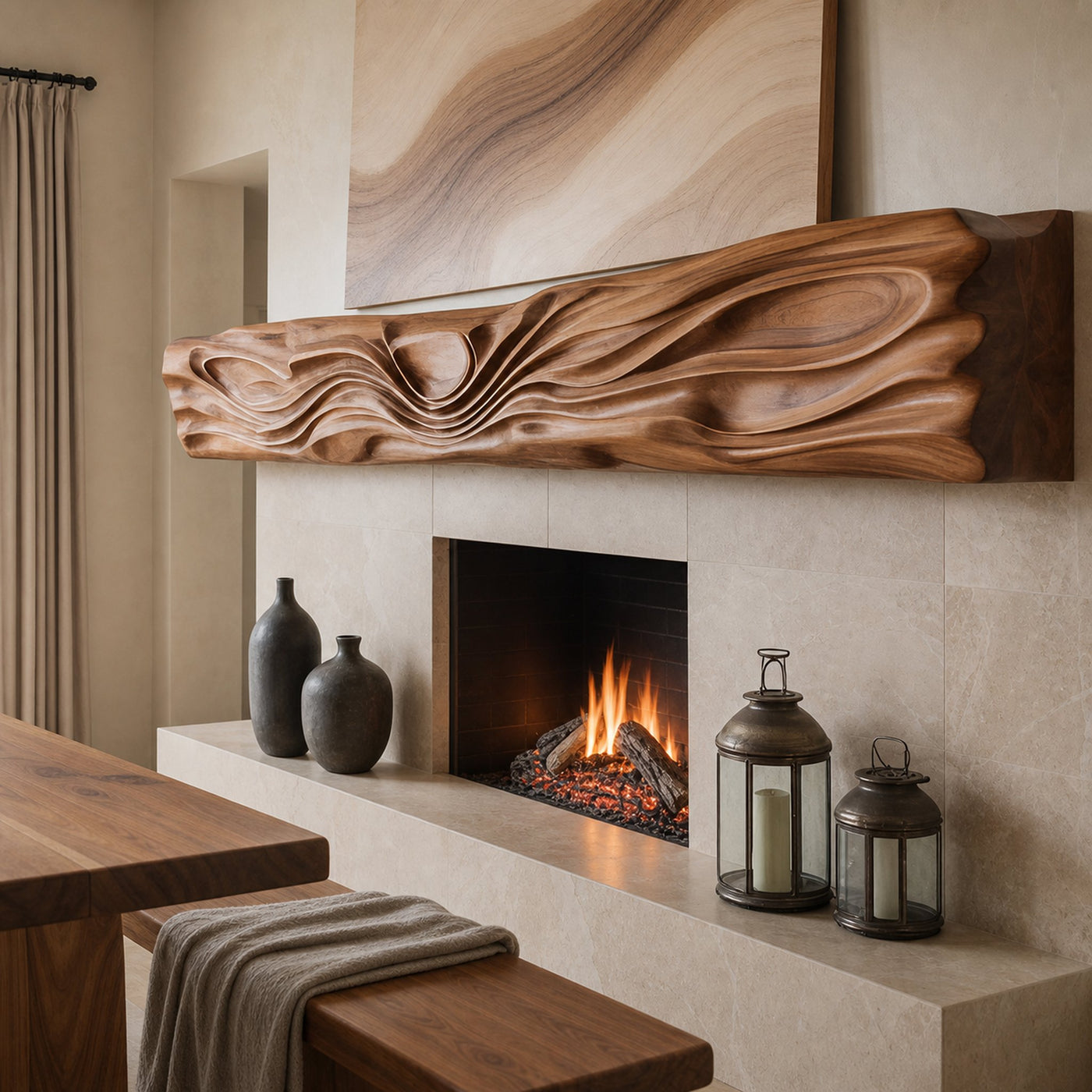 Artistic Fireplace Mantel With Wave Design For Living Room