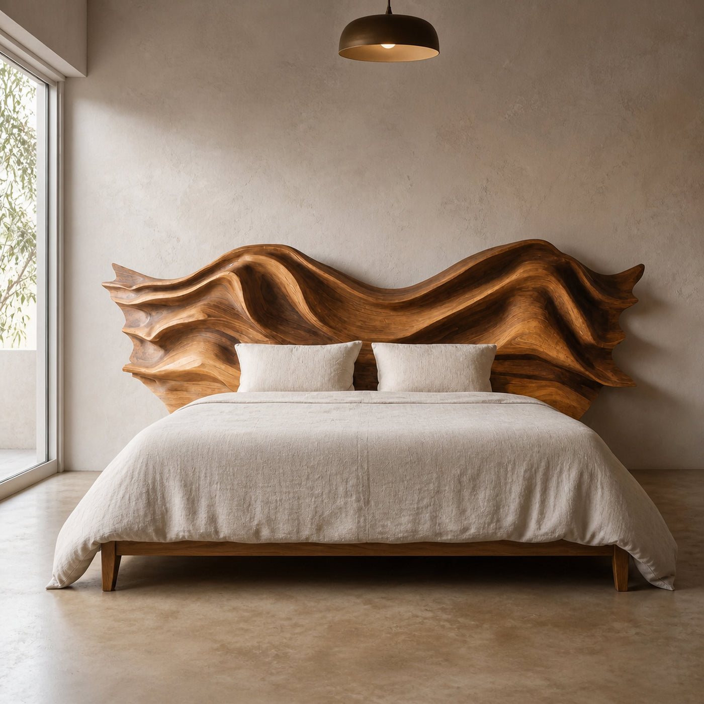Artistic Sculptural Headboard With Wave Carving For Bedroom