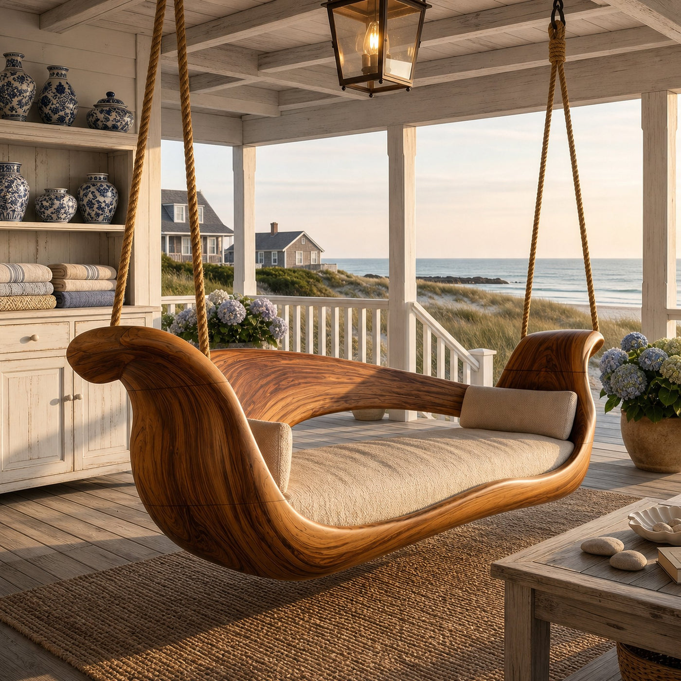 Artistic Sculptural Wooden Swing Bed Coastal Living Collection