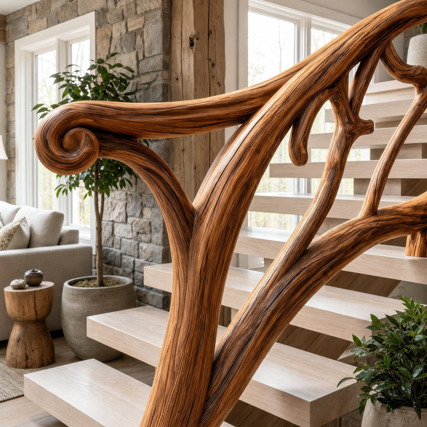 Artistic Tree Branch Stair Railing With Sculptural Wood Design For Interior Staircase