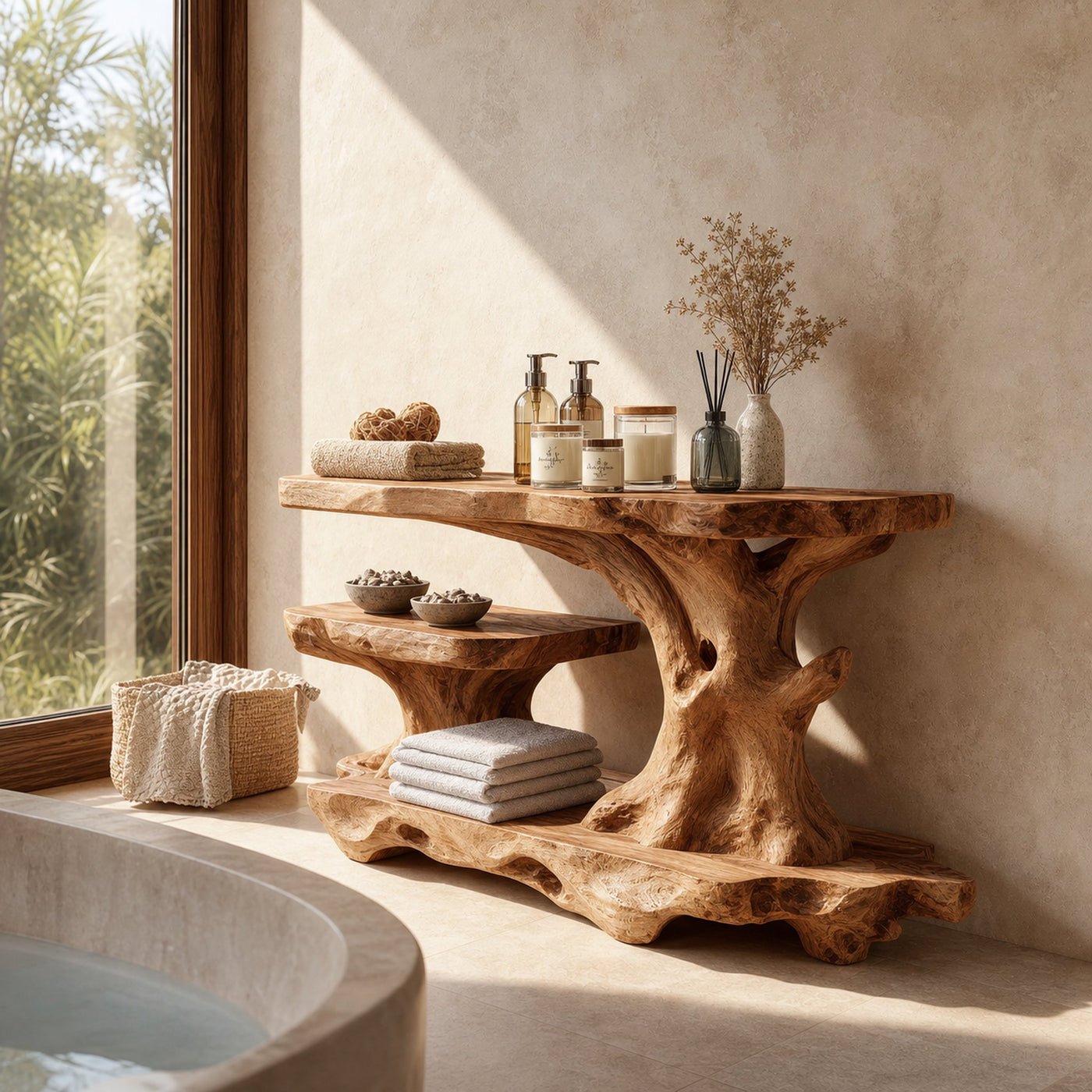 Artistic Tree Shelf With Multi Level Bathroom Storage