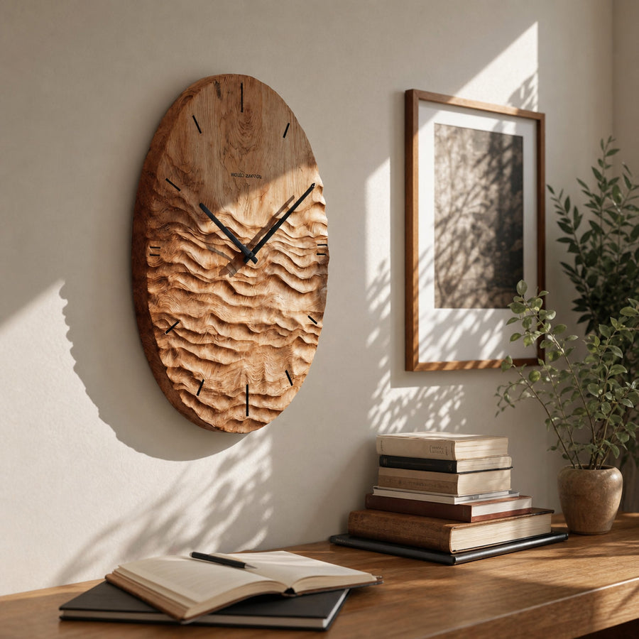 Artistic Wall Clock With Carved Oval Design For Office