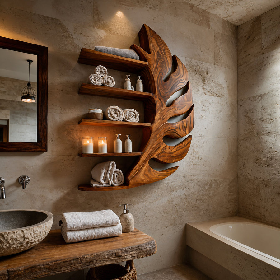 Artistic Wood Leaf Bathroom Shelf For Bathroom