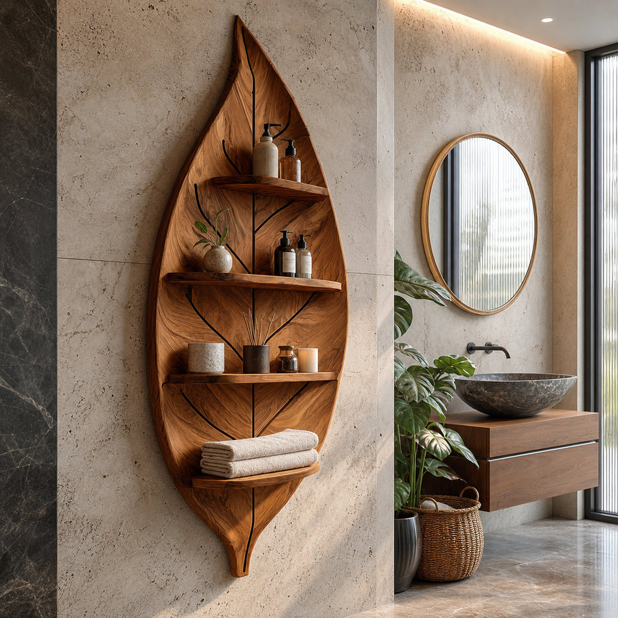 Artistic Wood Leaf Bathroom Shelf For Modern Spa Interior