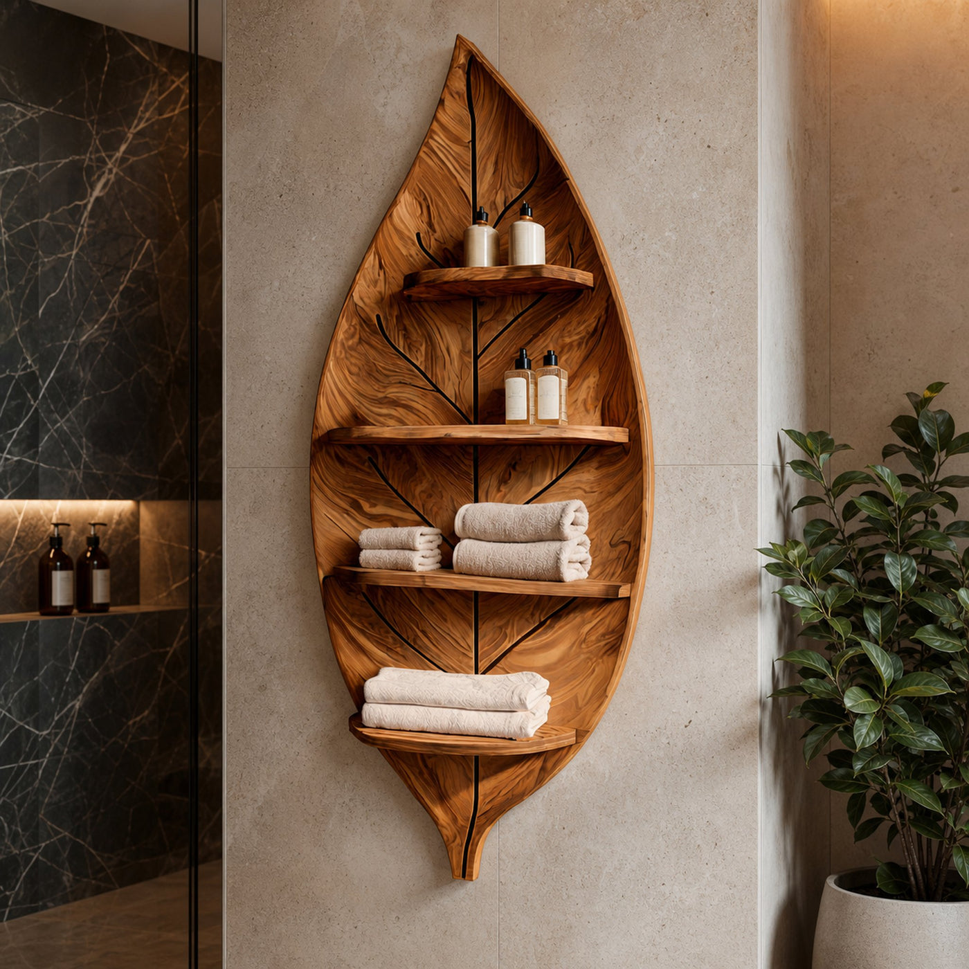 Artistic Wood Leaf Bathroom Shelf For Modern Spa Interior - product view 6
