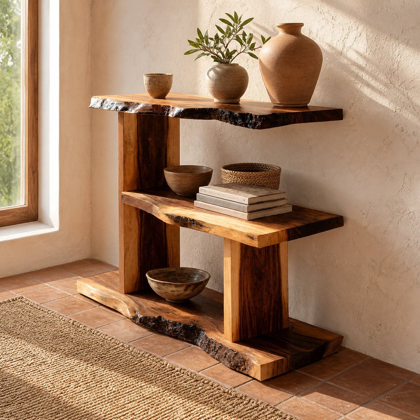 Artistic Wooden Live Edge Standing Shelf For Entryway Storage Design