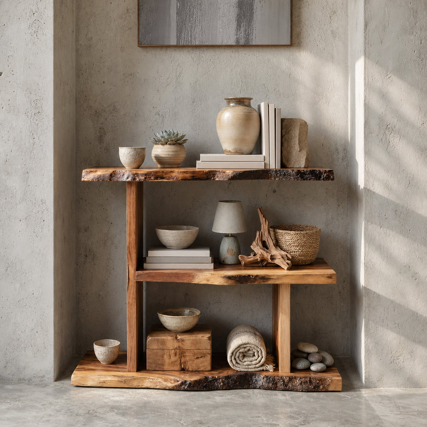 Artistic Wooden Live Edge Standing Shelf For Entryway Storage Design - product view 6