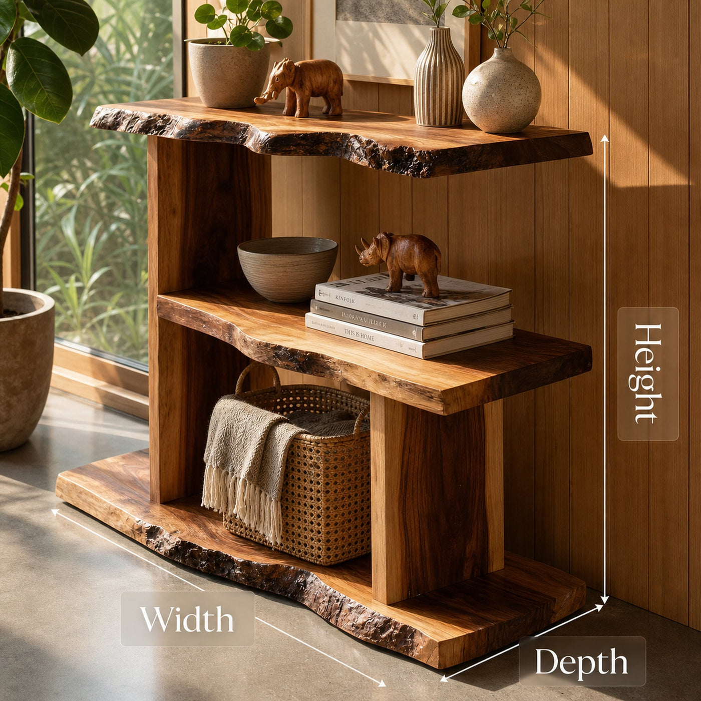 Artistic Wooden Live Edge Standing Shelf For Entryway Storage Design - product view 7