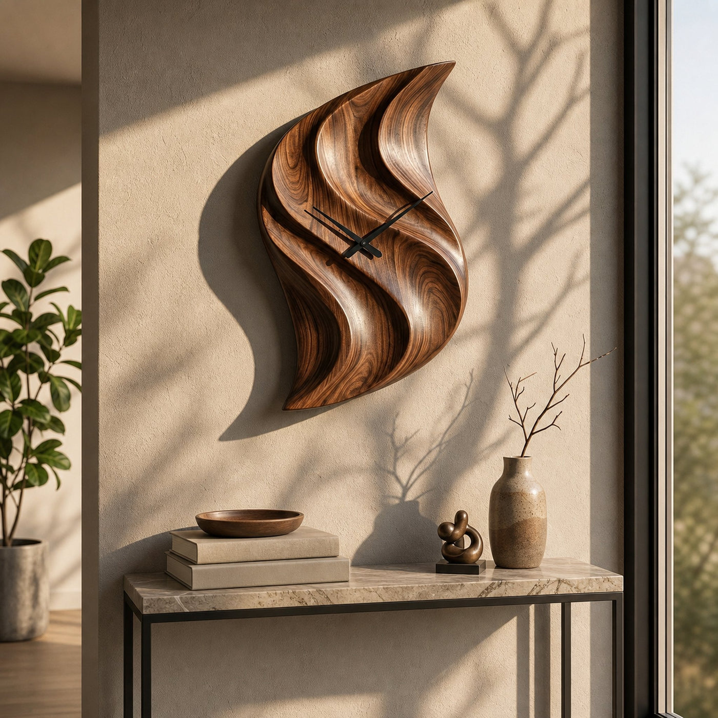 Artistic Wooden Wall Clock Hand Carved For Minimalist Bedroom