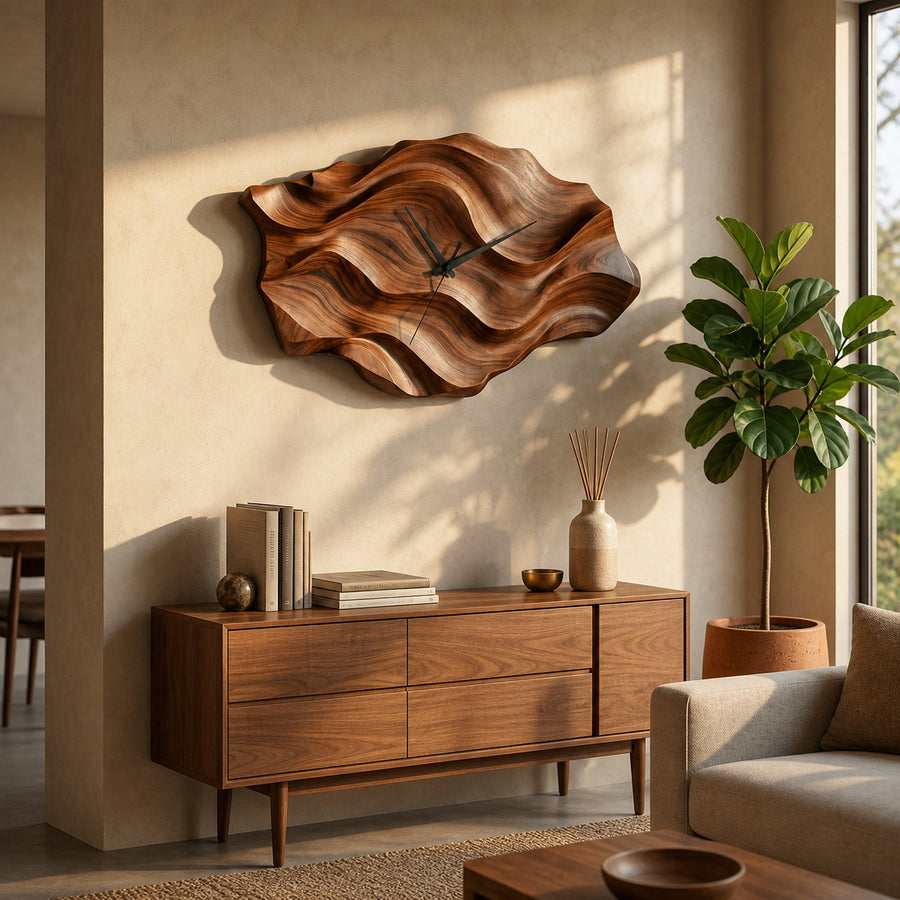 Artistic Wooden Wall Clock Wavy Design For Living Interior